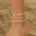 Ensemble de 3 bracelets de cheville style plage décontracté (perles de riz rondes et chaînette en acrylique avec pendentifs goutte d'eau et pièce)