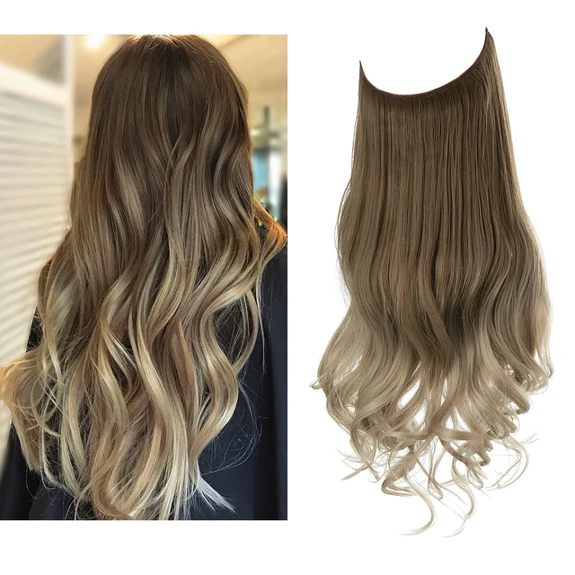 Extension capillaire monobloc pour femme offrant un volume généreux ; modèle en forme de U avec fil invisible, pour une chevelure longue, bouclée et naturelle.
