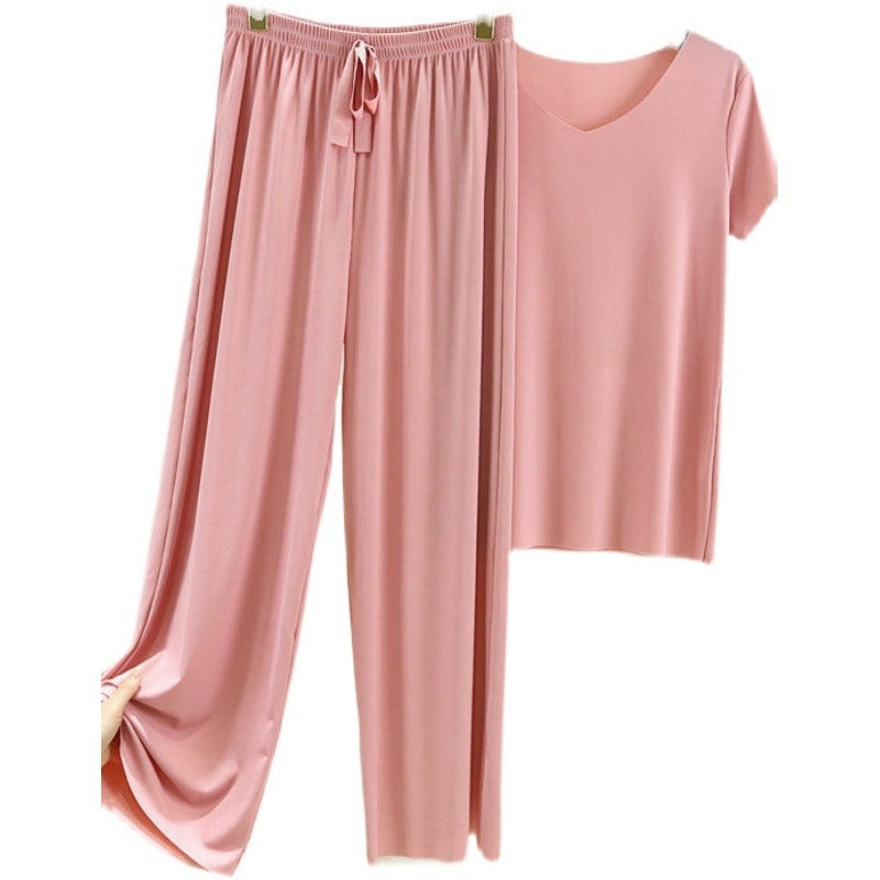 Ensemble deux pièces d'été léger et doux pour femme, composé d'un t-shirt décontracté à manches courtes en soie glacée et d'un pantalon long tendance.