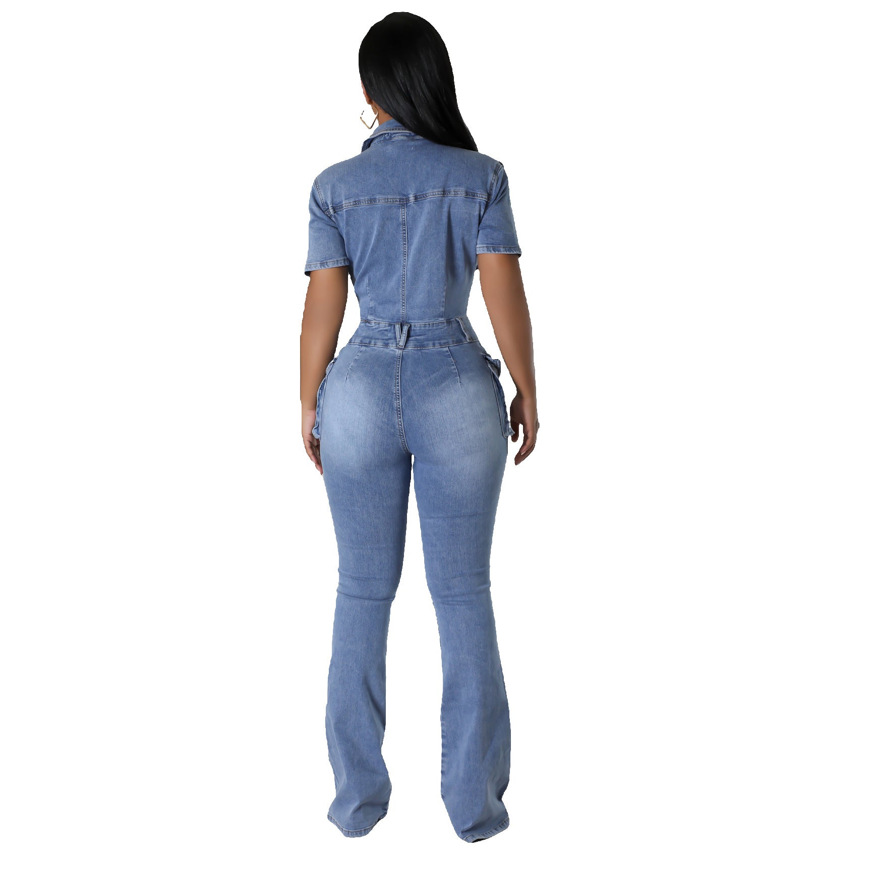 Floral washed denim jumpsuit, slim fit and cinched waist, European and American style