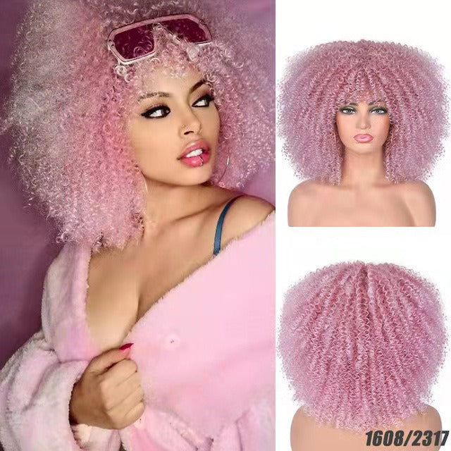 Perruque afro bouclée noire en fibres synthétiques, ensemble complet