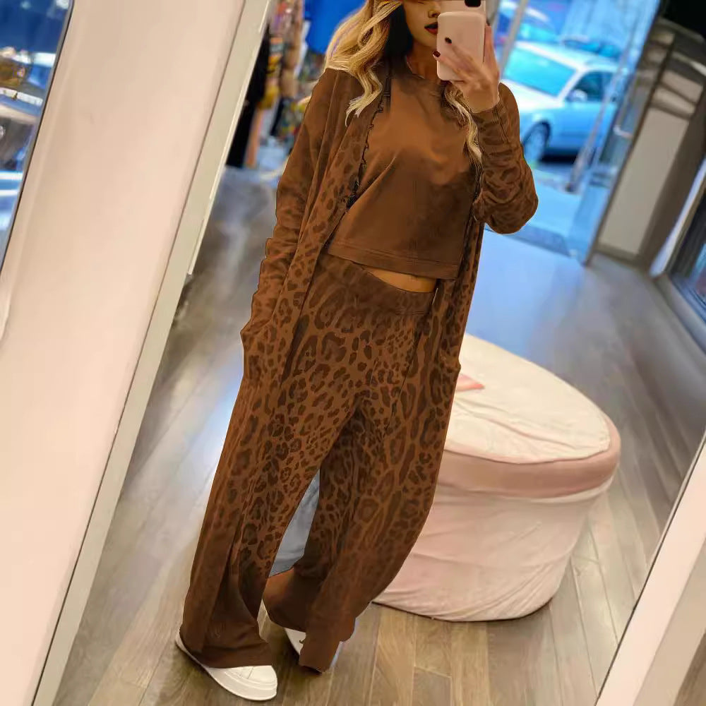 Ensemble deux pièces pour femme : veste cardigan à manches longues et pantalon long, motif léopard