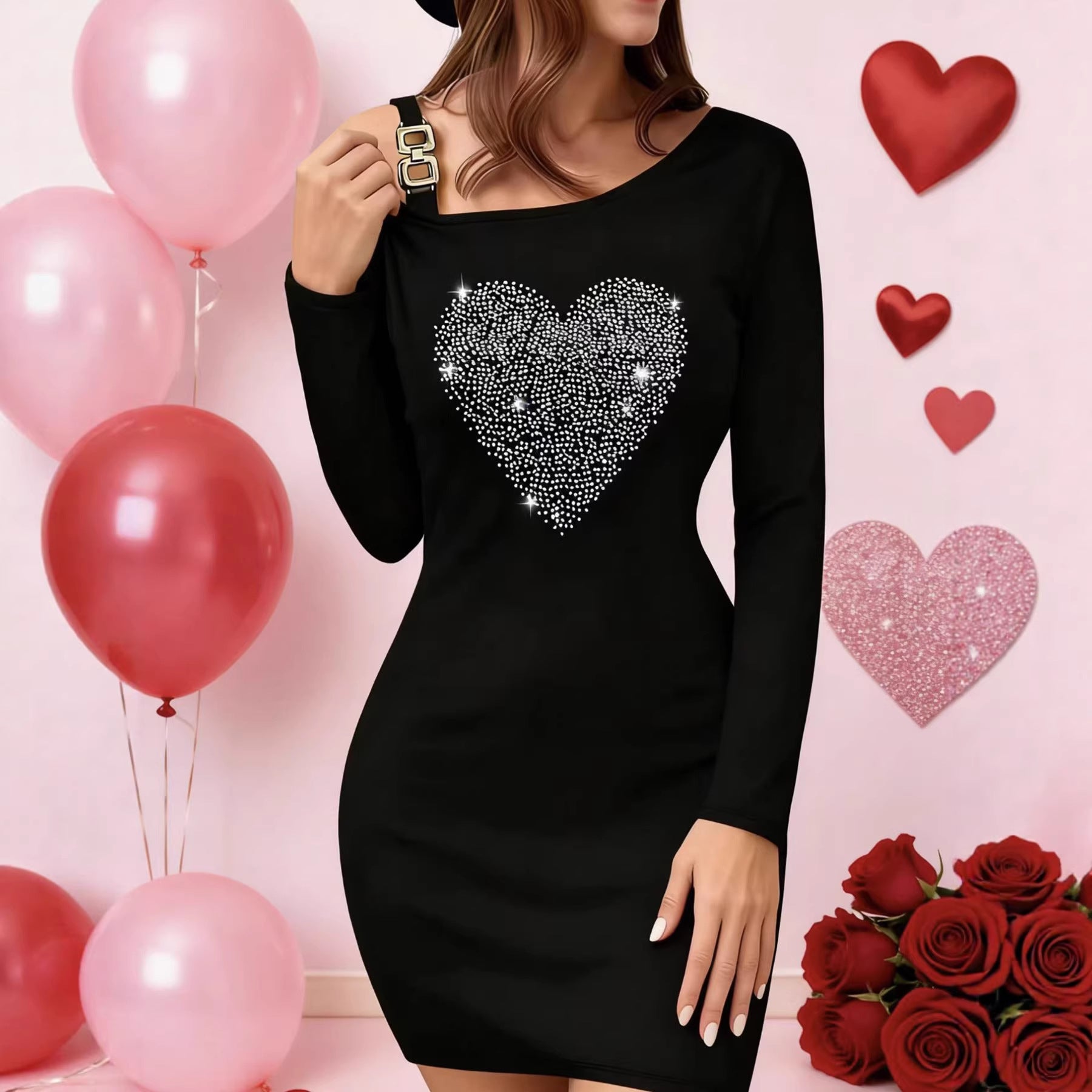 26.77 USD - Elegant women's coat, metal chain, criss-cross neckline, rhinestone-embellished "date love" dress.