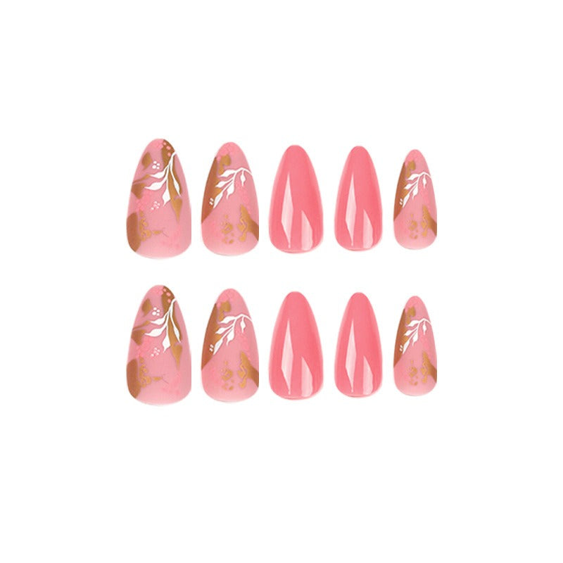 Wearable Manicure Pink polka dot nails Gold leaf ink White flower nail stickers Removable nails