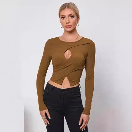 Women's Sexy Fitted Long Sleeve Round Neck Crop Top, Versatile Solid Color Knit.