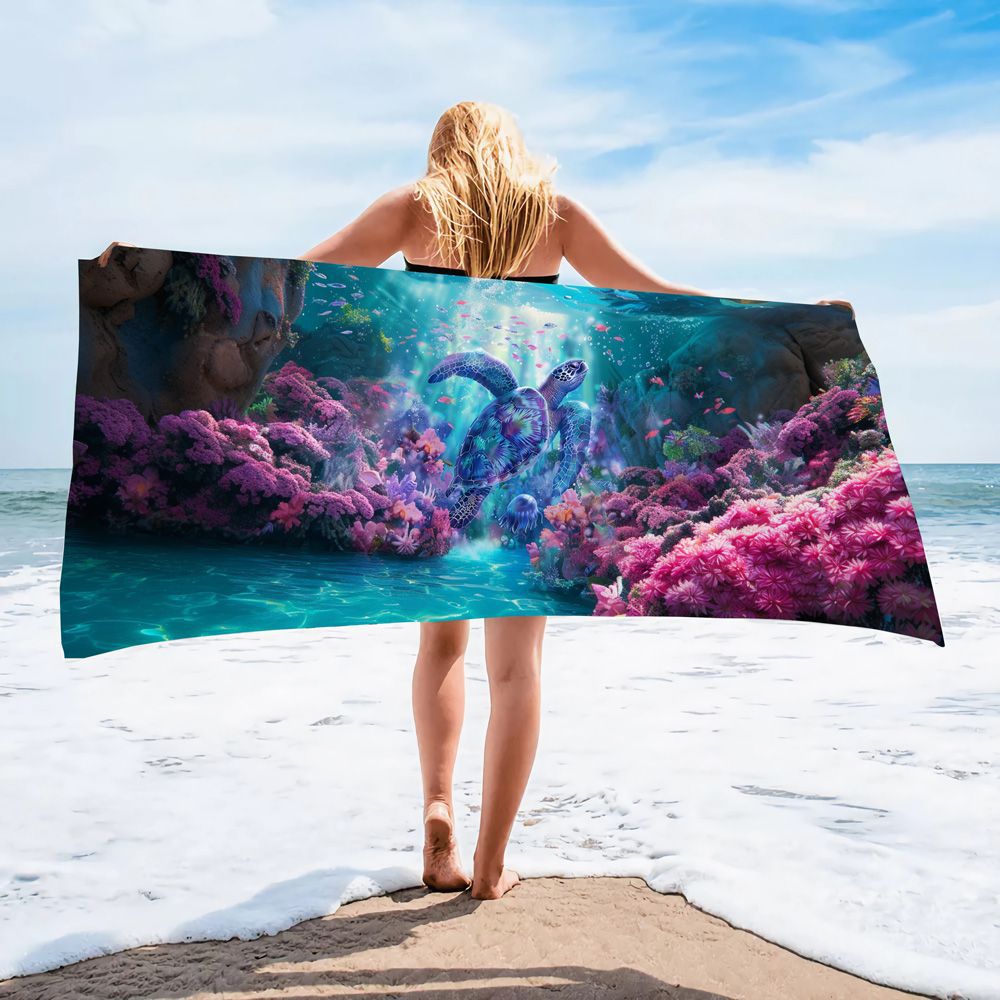 Serviette de plage en microfibre ultra-fine à motif de tortue marine – Serviette de bain double face à séchage rapide – Tapis de plage anti-sable