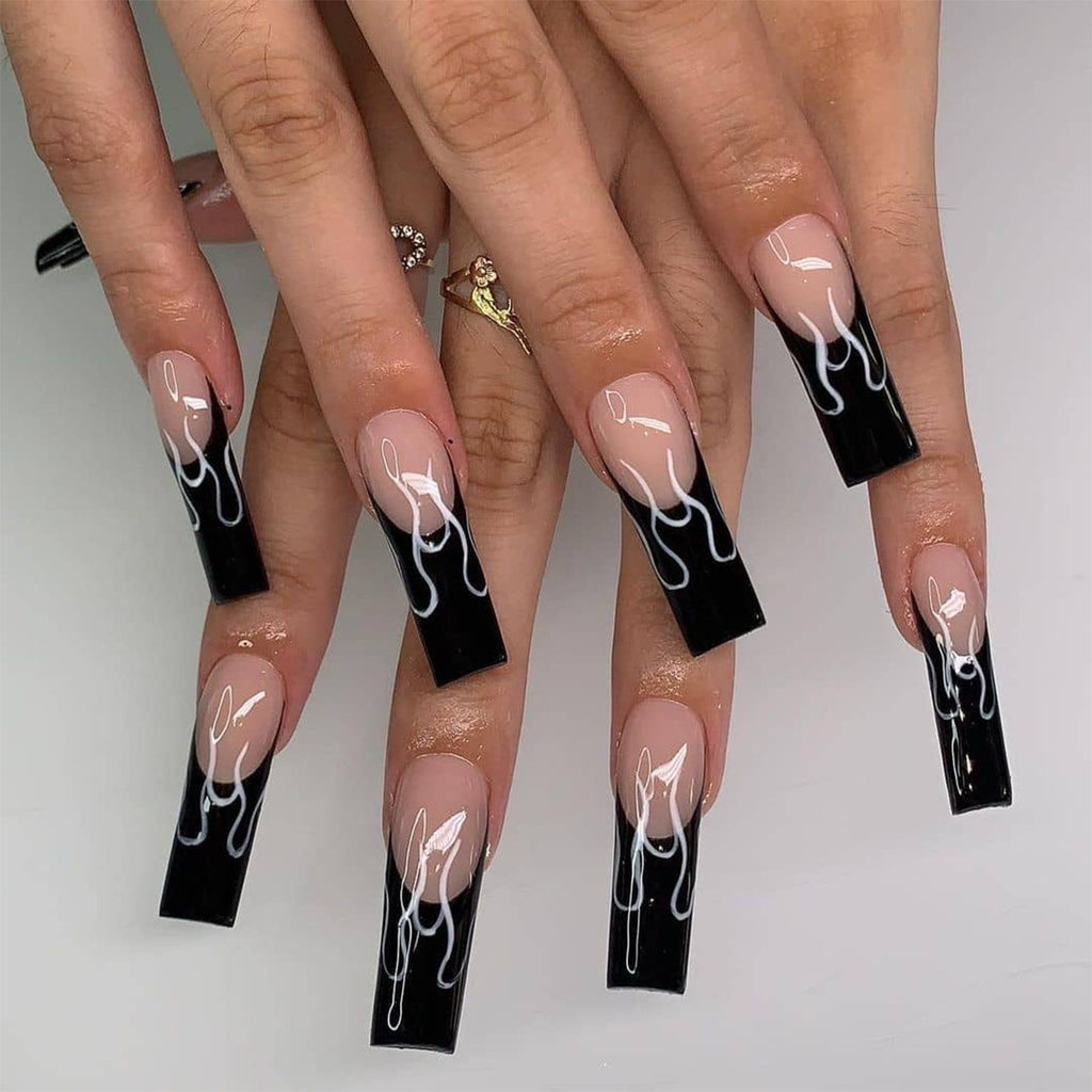 Black French Flame Effect False Nails, Nail Patches, Fake Nails