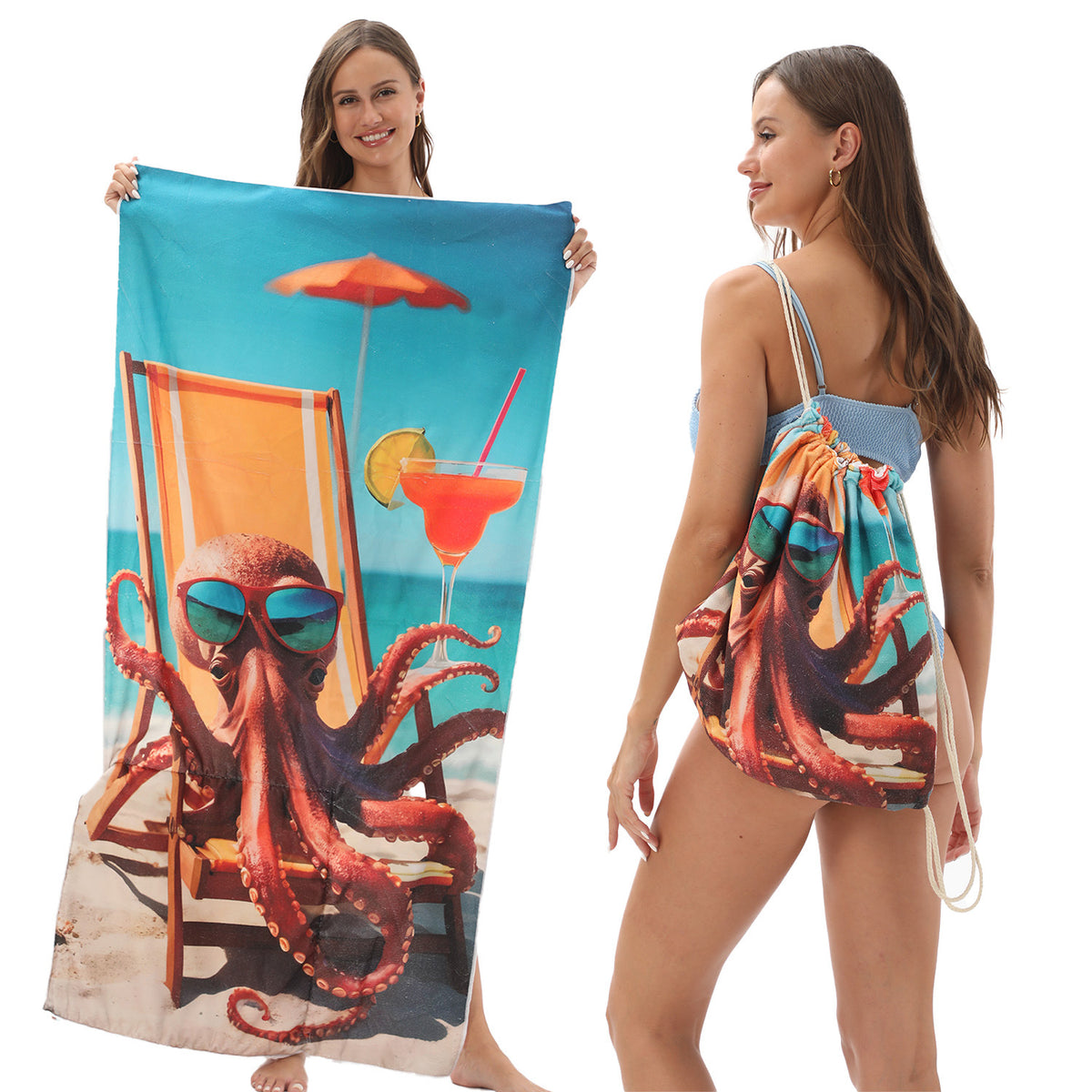 Serviette de plage pliable 2-en-1 et serviette de bain imprimée – Serviette de plage tout-en-un avec sac de rangement