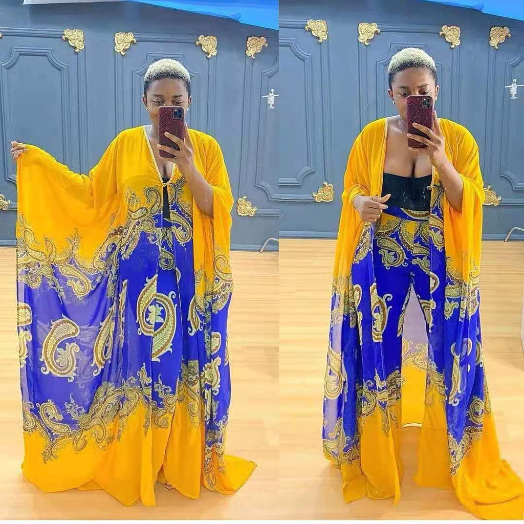 Ensemble deux pièces : cardigan en mousseline et pantalon ample (style robe africaine)