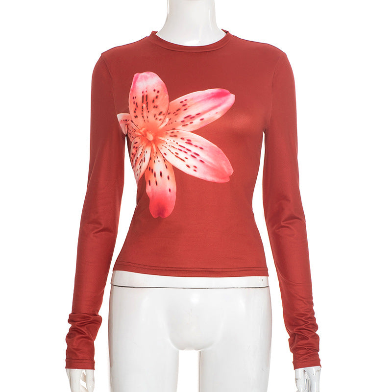 Floral print long-sleeved crew-neck crop top