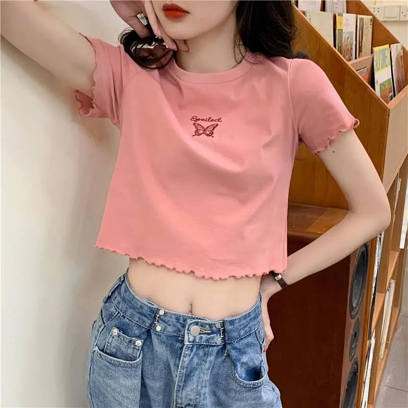 T-shirt court et extensible pour femme, coupe ajustée, taille haute, manches courtes et broderie papillon