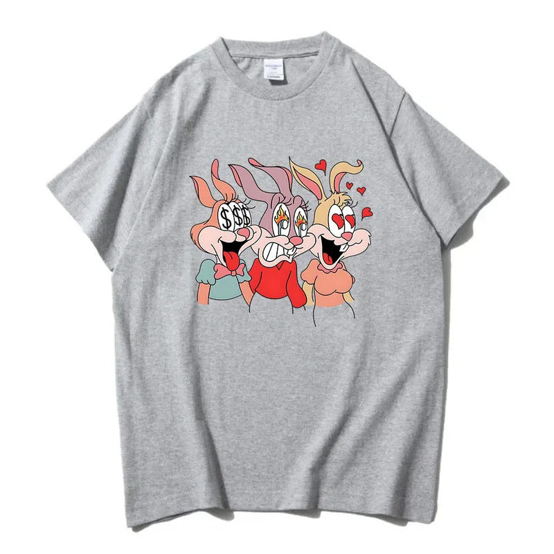 16.88 USD T-shirt unisexe à manches courtes, imprimé lapin mignon, en polyester fin noir et blanc, pour hommes et femmes.