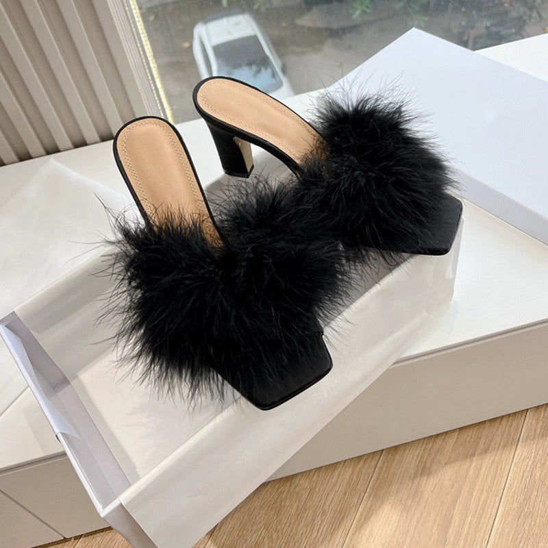 102.44 USD chaussons à talons hauts en fourrure et poil de chameau, bout ouvert, talon épais, demi-chaussons en fourrure