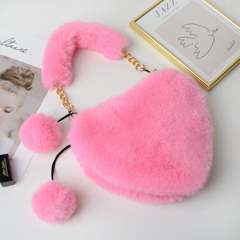 Women's Cyber Red Fashion Plush Heart-shaped Handbag, Slanted Style, with Hair Clip and Wallet.