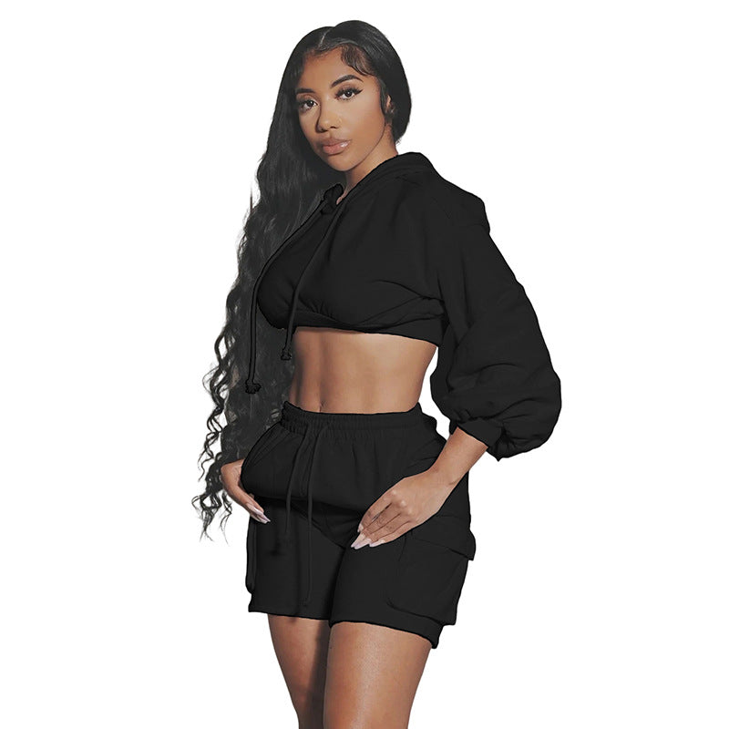 Ensemble short et haut à capuche taille haute coupe slim, couleur unie, style sport et décontracté pour femme
