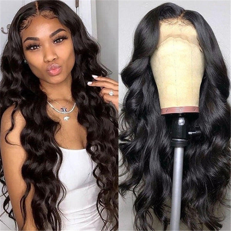 Perruque pour femme style européen/américain : longs cheveux bouclés noirs (type afro) avec raie au milieu et larges ondulations, en fibre synthétique (couverture complète)