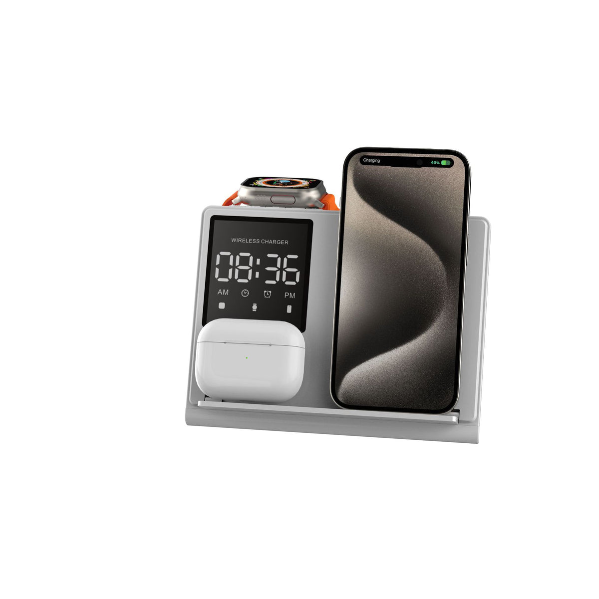 Trending product: 5-in-1 foldable wireless charging stand with pixel animation for smartphone, smartwatch, and earbuds.