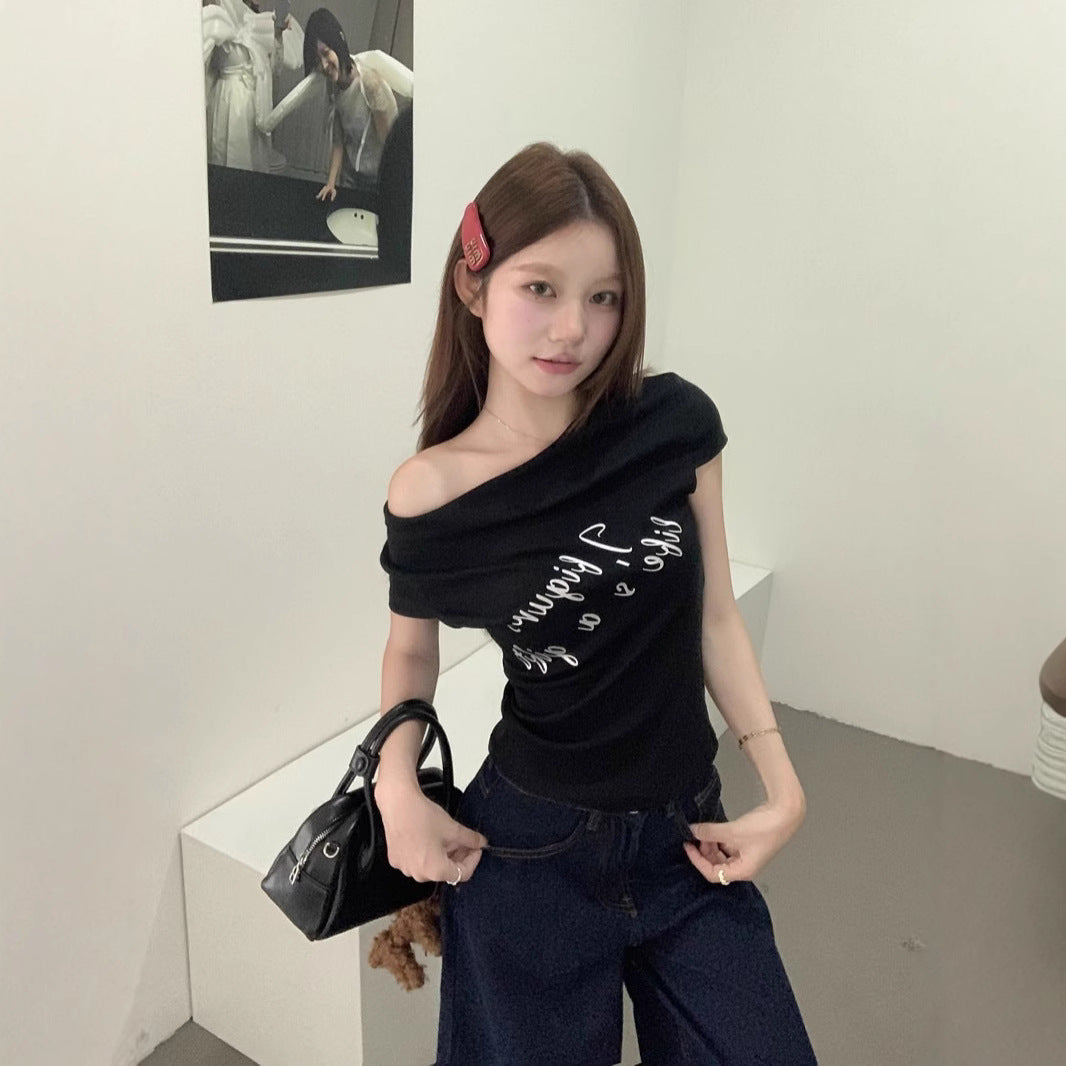 One-shoulder short sleeve T-shirt, fitted, letter print, crop top, casual off-the-shoulder blouse