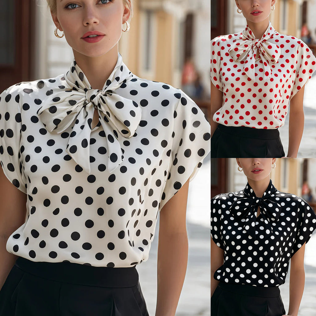 Polka dot top with a bow collar and short sleeves