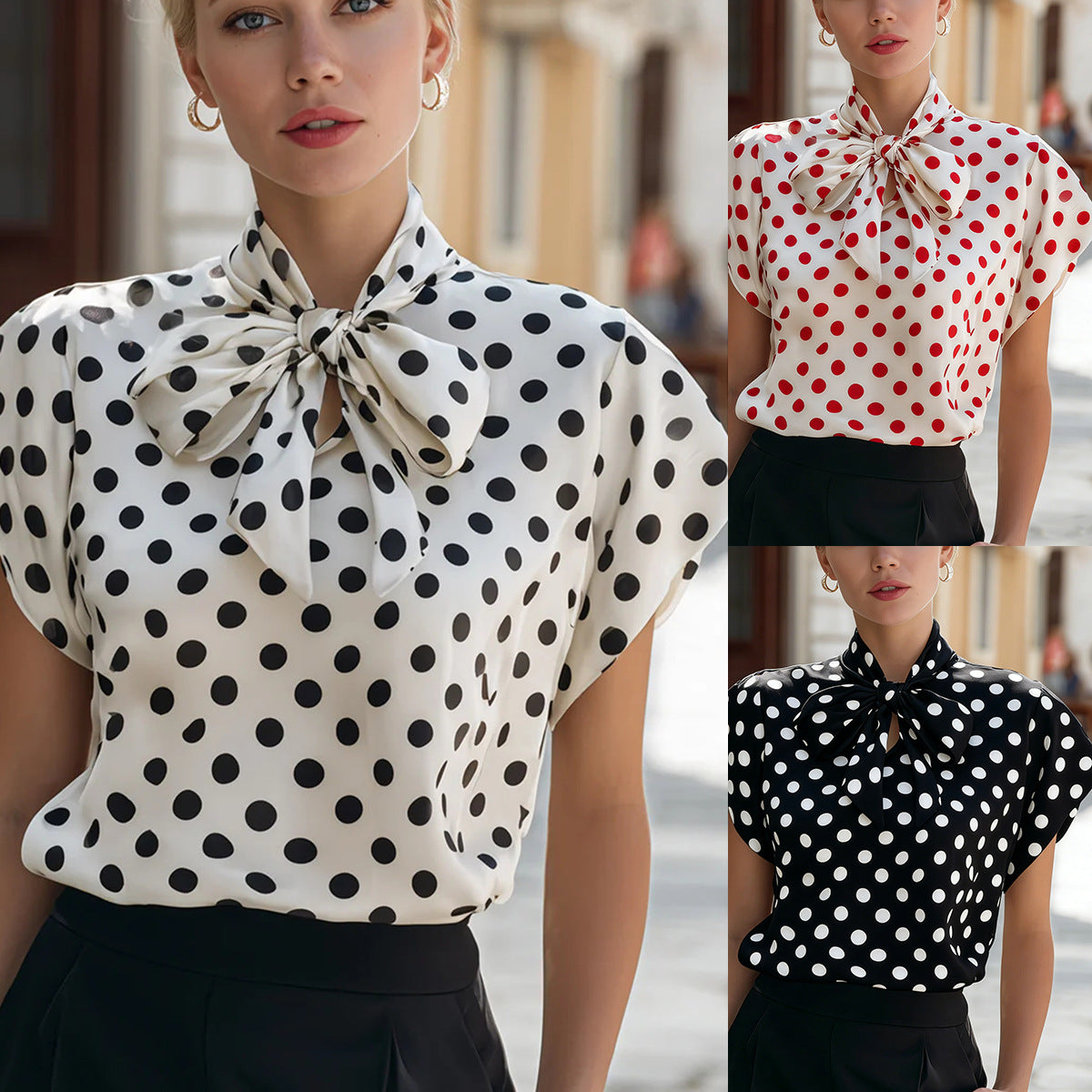 Polka dot top with a bow collar and short sleeves
