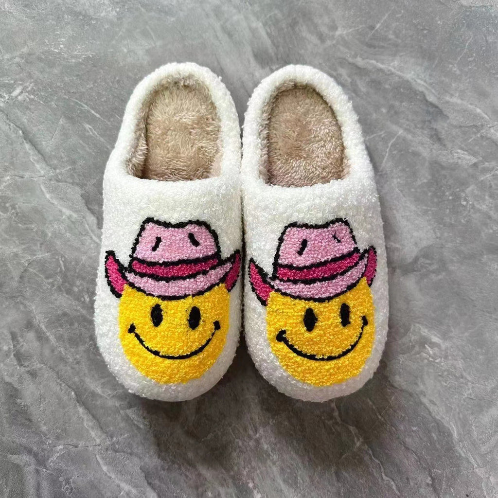 13.39 USD Pantoufles d'intérieur en coton doux à motif visage souriant en denim pour hommes et femmes