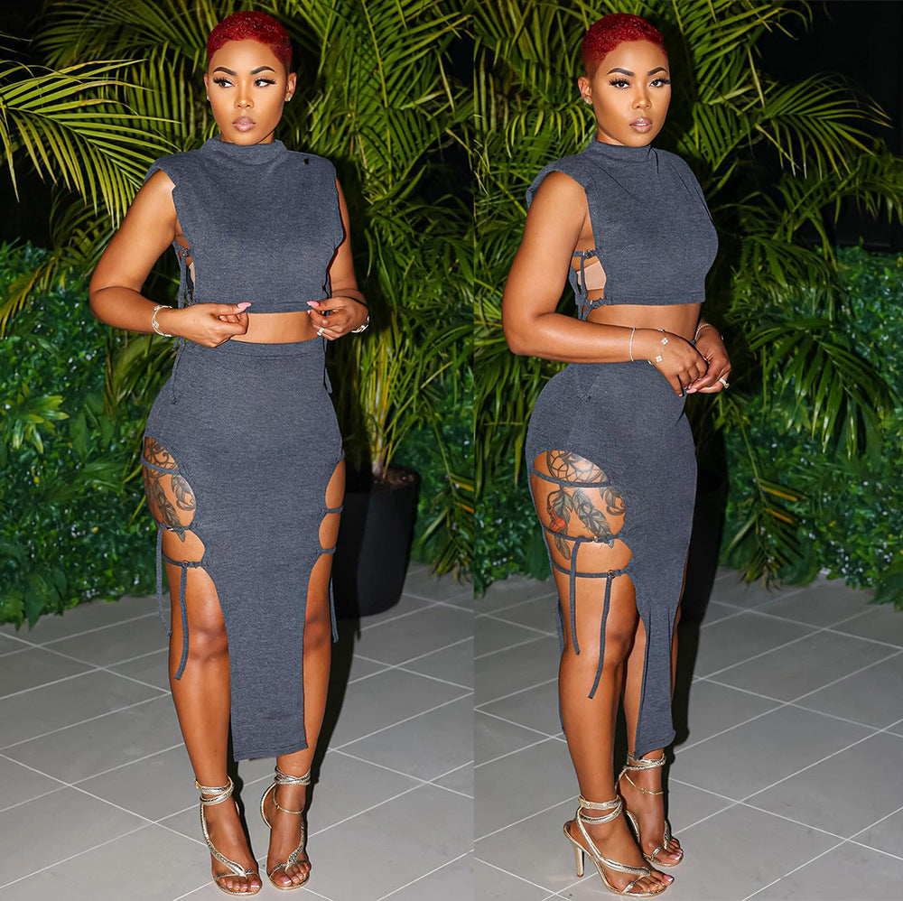 Ensemble robe femme, haut court sexy à nouer sur le devant et jupe fendue moulante