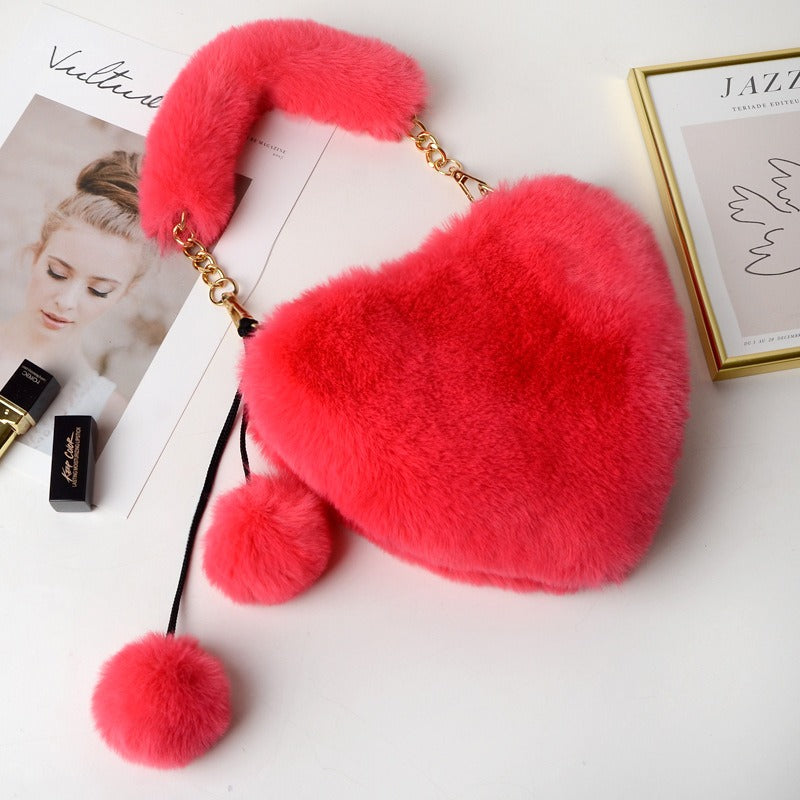 Women's Cyber Red Fashion Plush Heart-shaped Handbag, Slanted Style, with Hair Clip and Wallet.