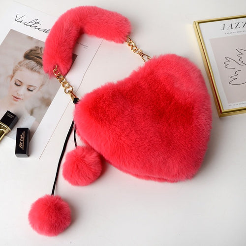 Women's Cyber Red Fashion Plush Heart-shaped Handbag, Slanted Style, with Hair Clip and Wallet.