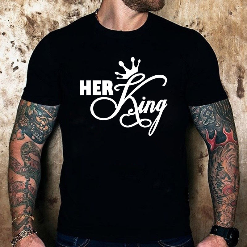 17.46 USD T-shirts à manches courtes pour couples, imprimé couronne roi/reine, style décontracté