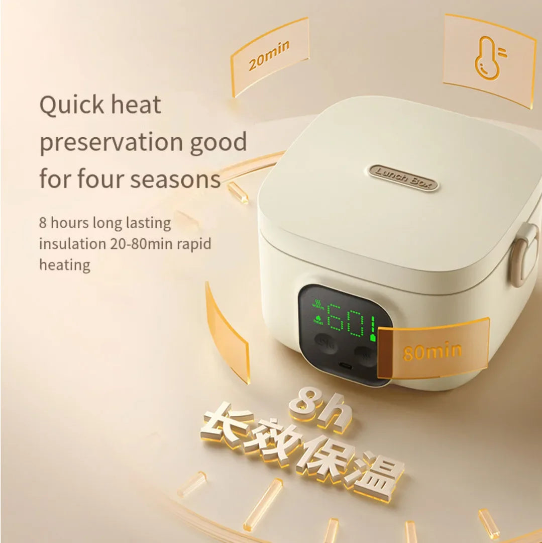 Wireless and waterless portable heating lunch box, small capacity, ideal for babies and camping trips. LCD screen. Rechargeable electric lunch box.