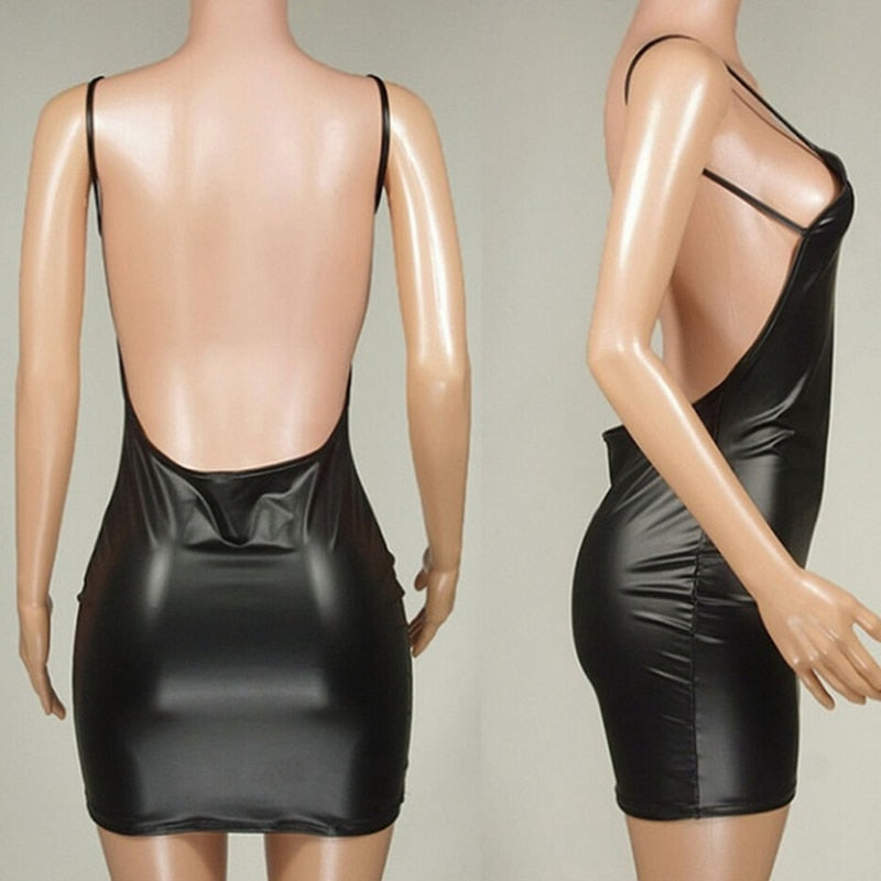 23,29 USD - Robe courte sexy en similicuir dos nu, idéale pour les soirées en boîte. Robe moulante noire effet mouillé en latex, soutien-gorge push-up, mini-robe.