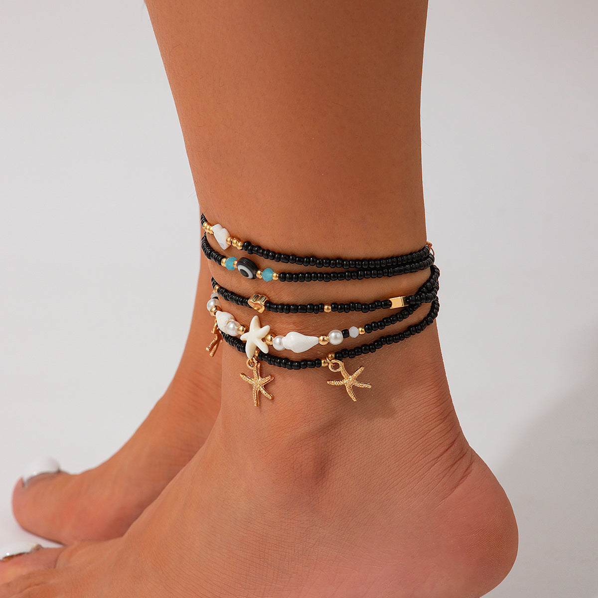 Ensemble de 3 bracelets de cheville style plage décontracté (perles de riz rondes et chaînette en acrylique avec pendentifs goutte d'eau et pièce)