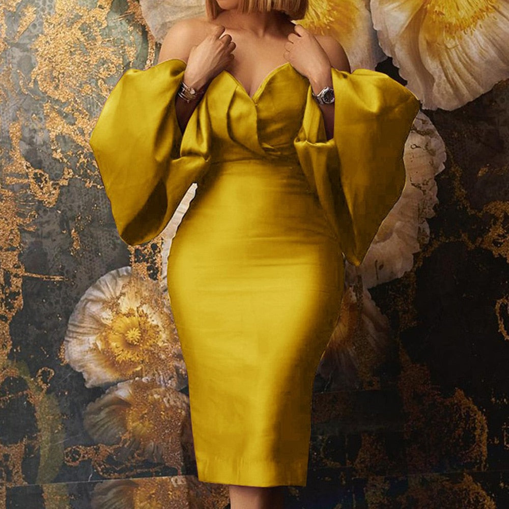Robe bustier sexy et élégante pour femme, épaules dénudées, manches longues oversize style lanterne, robe de soirée africaine tendance