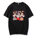 16.88 USD T-shirt unisexe à manches courtes, imprimé lapin mignon, en polyester fin noir et blanc, pour hommes et femmes.