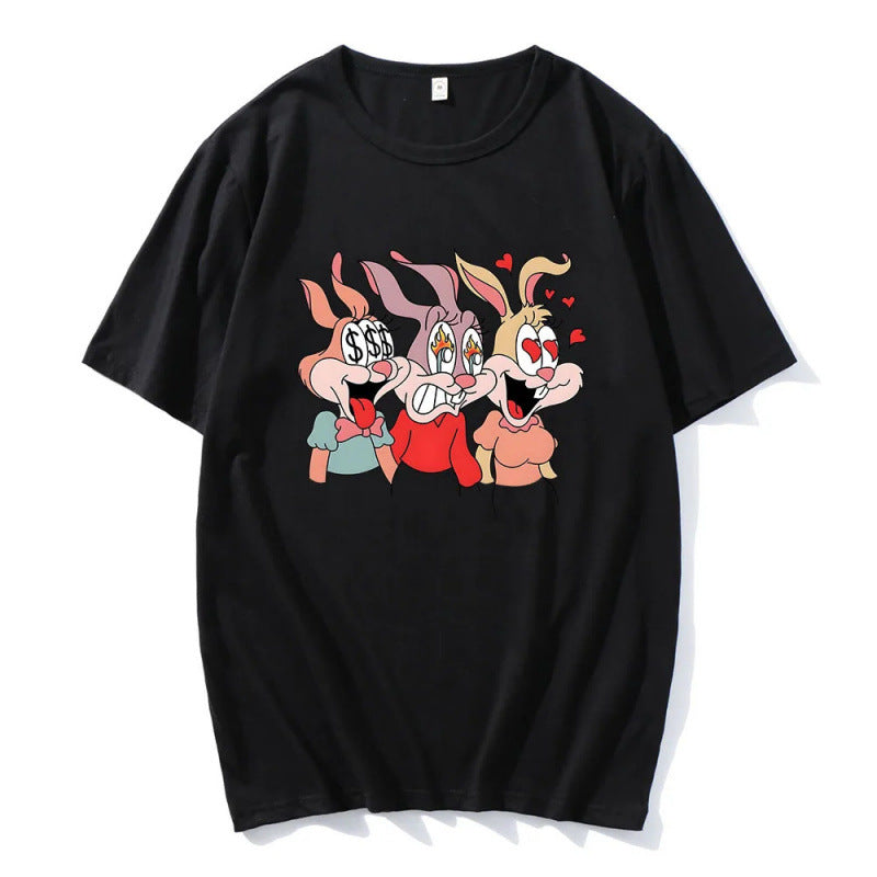 16.88 USD T-shirt unisexe à manches courtes, imprimé lapin mignon, en polyester fin noir et blanc, pour hommes et femmes.