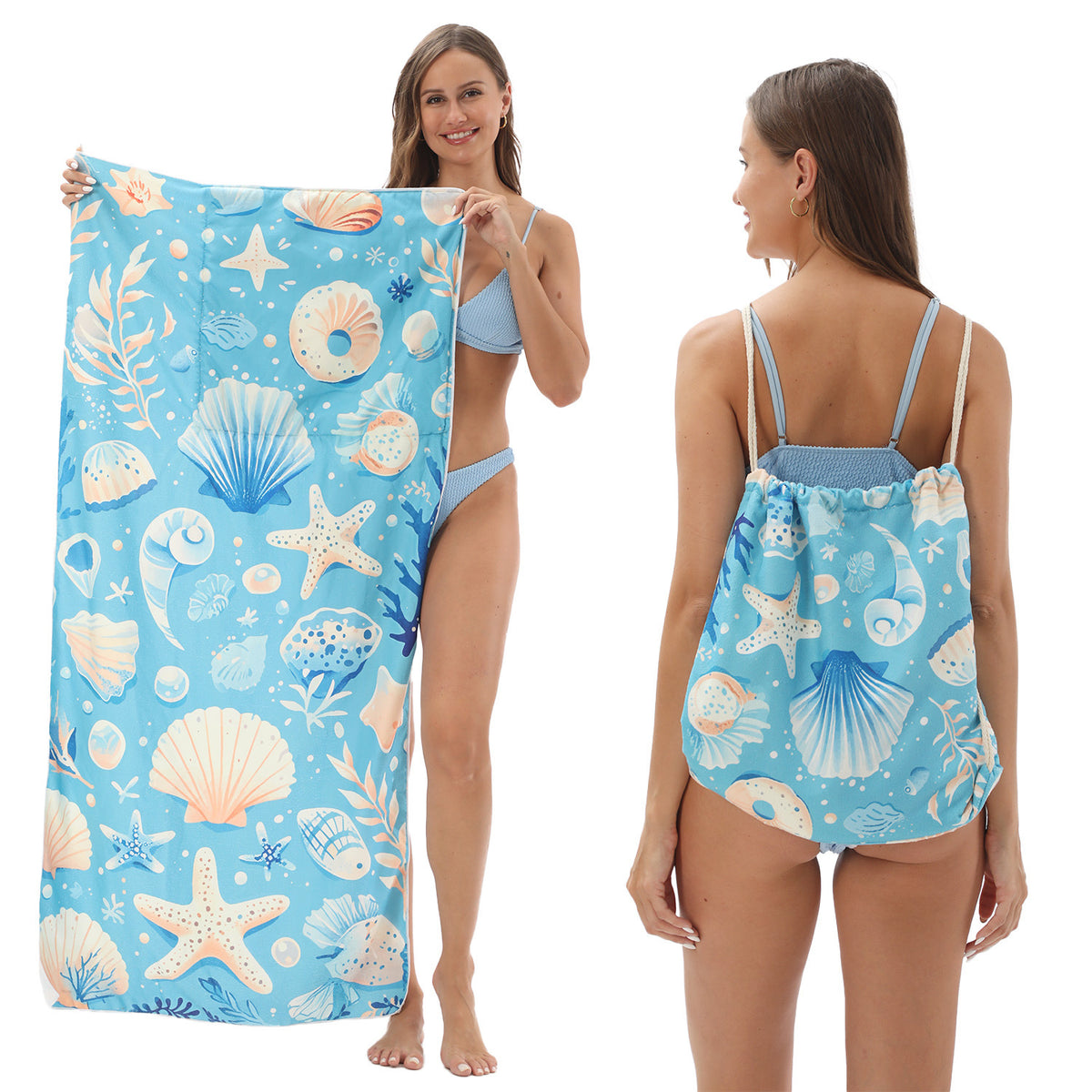 Serviette de plage pliable 2-en-1 et serviette de bain imprimée – Serviette de plage tout-en-un avec sac de rangement