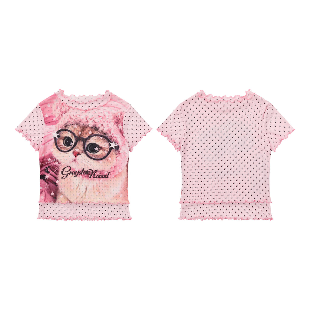 Sweet Style Cartoon Graffiti Colorful Plaid Ruffle T-shirt