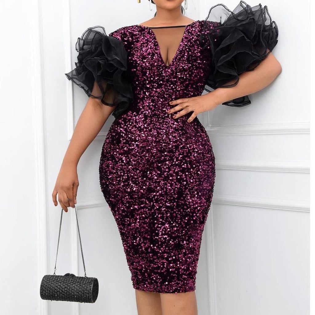 Robe de soirée africaine moulante en velours et résille à sequins