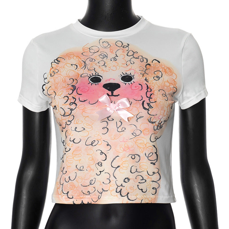 Camiseta corta con estampado de cachorro rizado y ombligo expuesto para mujer