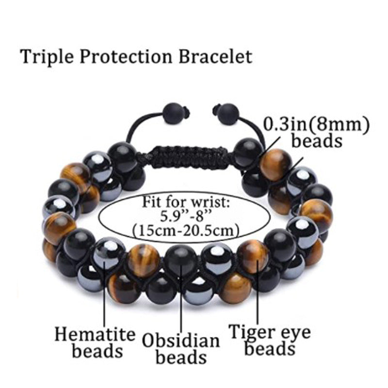 $13.59/14.75 USD - 8mm Black Tiger Eye Beaded Adjustable Double Bracelet, Braided Elastic Cord, Hand Pull.