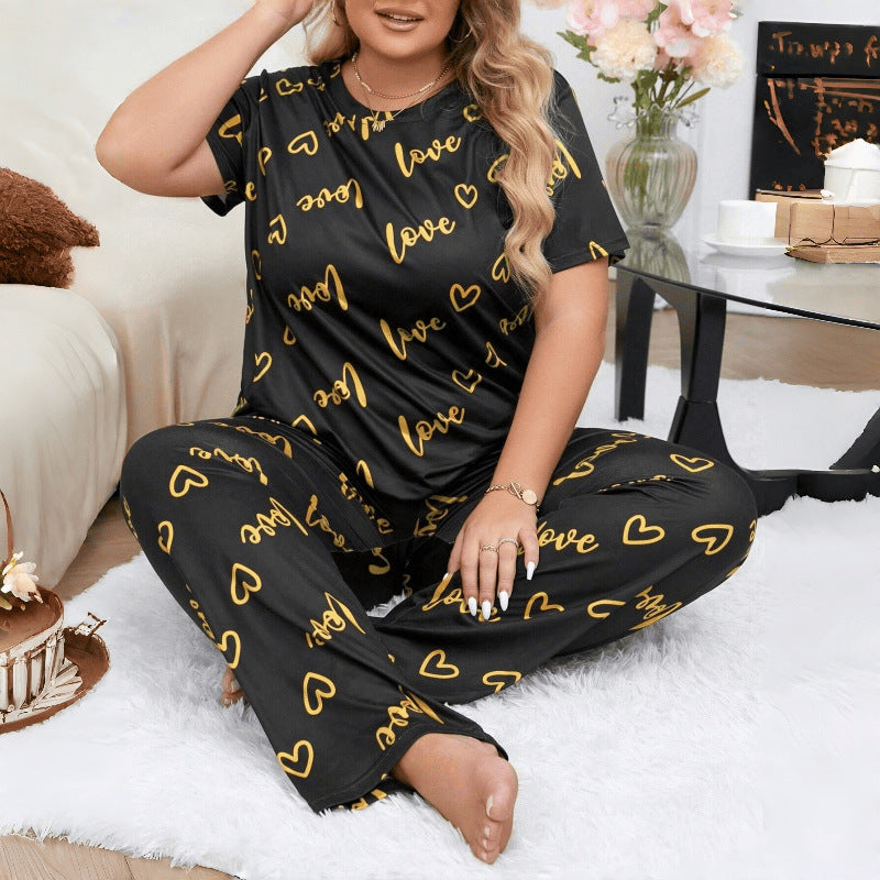 Ensemble de pyjama femme grande taille à manches courtes et pantalon long, col rond et lettre cœur