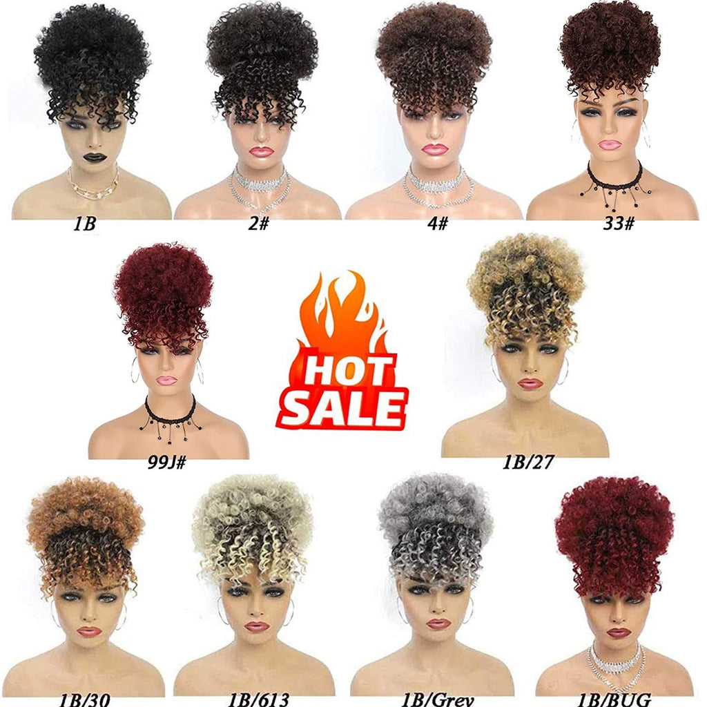 Coiffure tendance style européen/américain : frange volumineuse et petits rouleaux façon « chenille » pour cheveux afro.