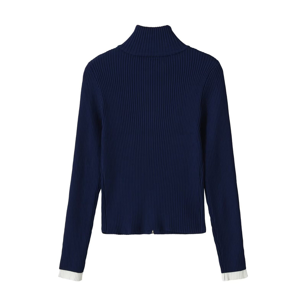 Color blocked cuffs threaded stand up collar knitted sweater for women