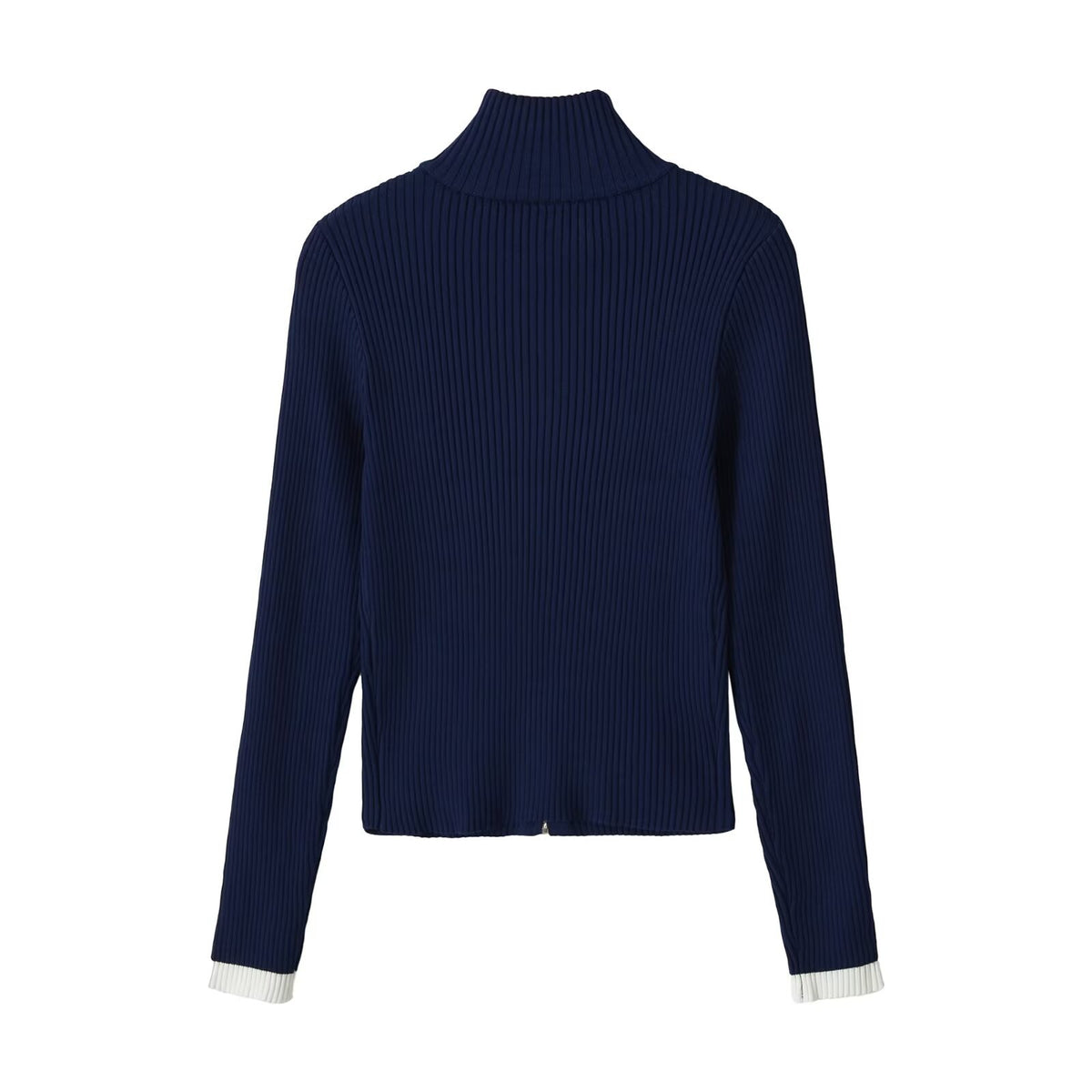 Color blocked cuffs threaded stand up collar knitted sweater for women