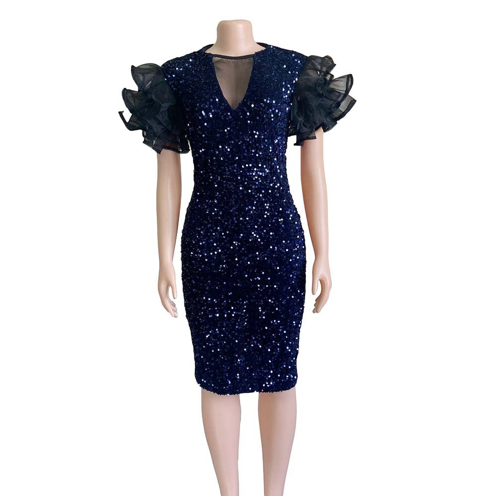 Robe de soirée africaine moulante en velours et résille à sequins