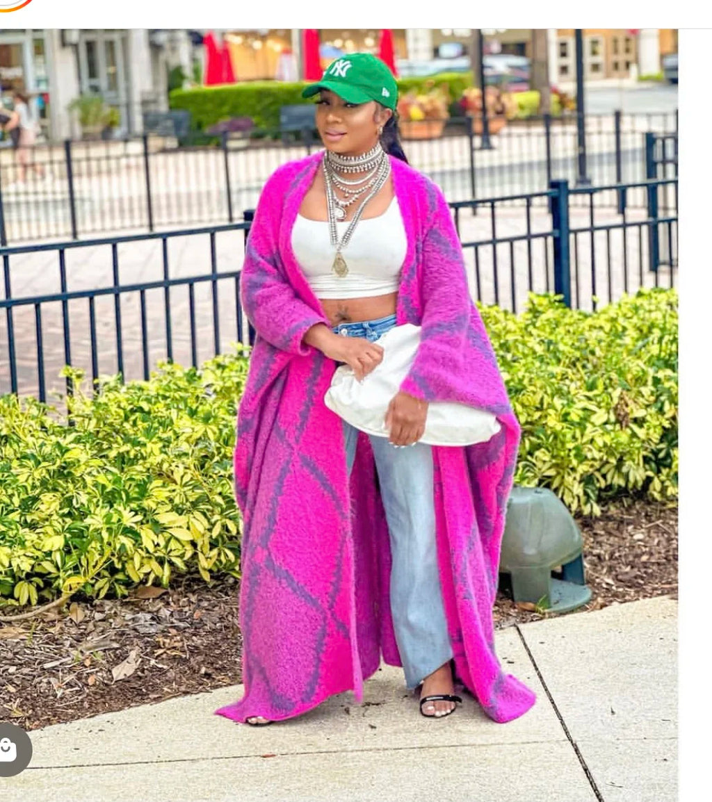 Nouveauté mode : coup de cœur des blogueuses américaines – Kimono-pull mosaïque magenta, long gilet chaud ouvert pour femmes (grandes tailles / style africain).