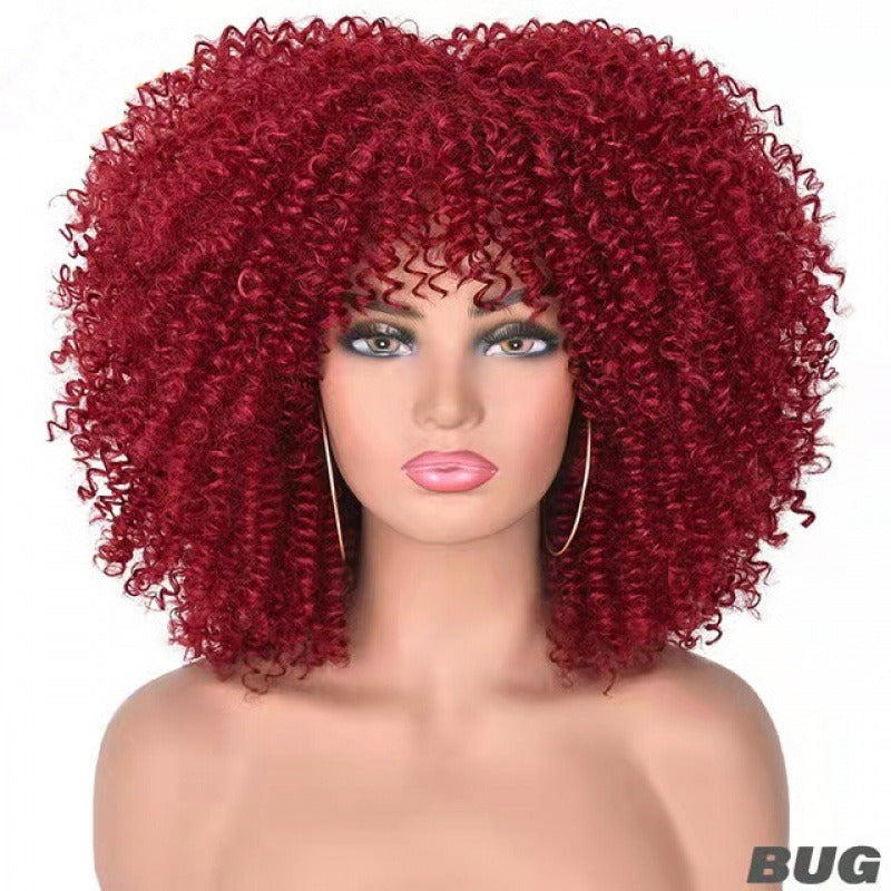 Perruque afro bouclée noire en fibres synthétiques, ensemble complet