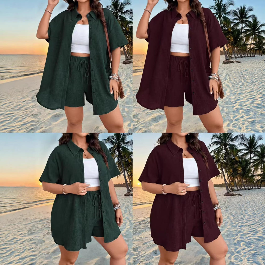Ensemble cardigan et short boutonné, couleur unie, style vacances, pour femme, grandes tailles.