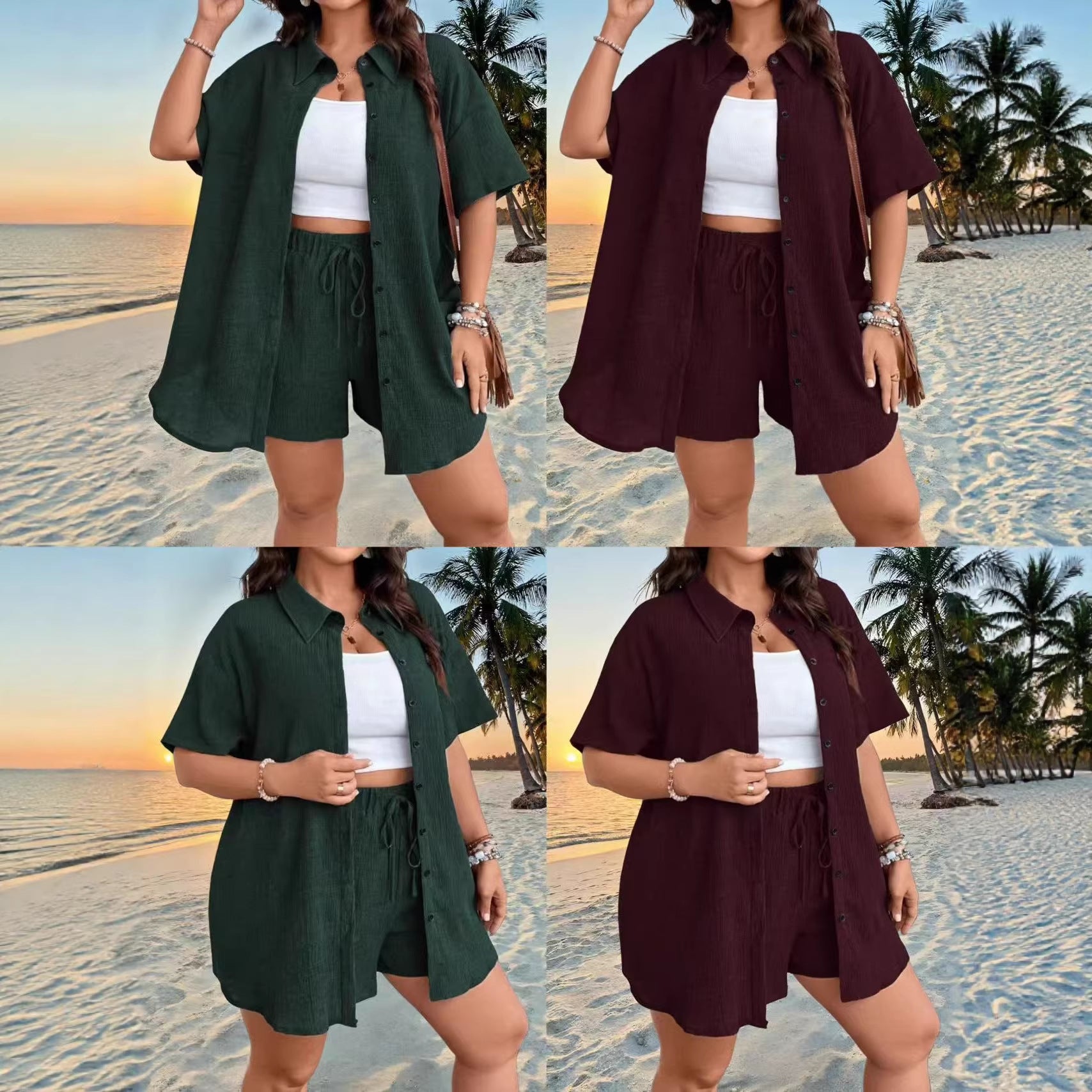 Ensemble cardigan et short boutonné, couleur unie, style vacances, pour femme, grandes tailles.