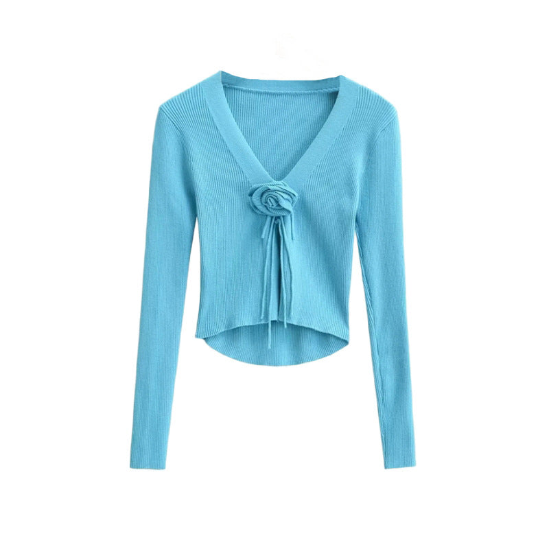 Gilet court en maille style « Spicy Girl » : col en V, motif rose sur la poitrine, manches longues et coupe ajustée (nouveauté automne).